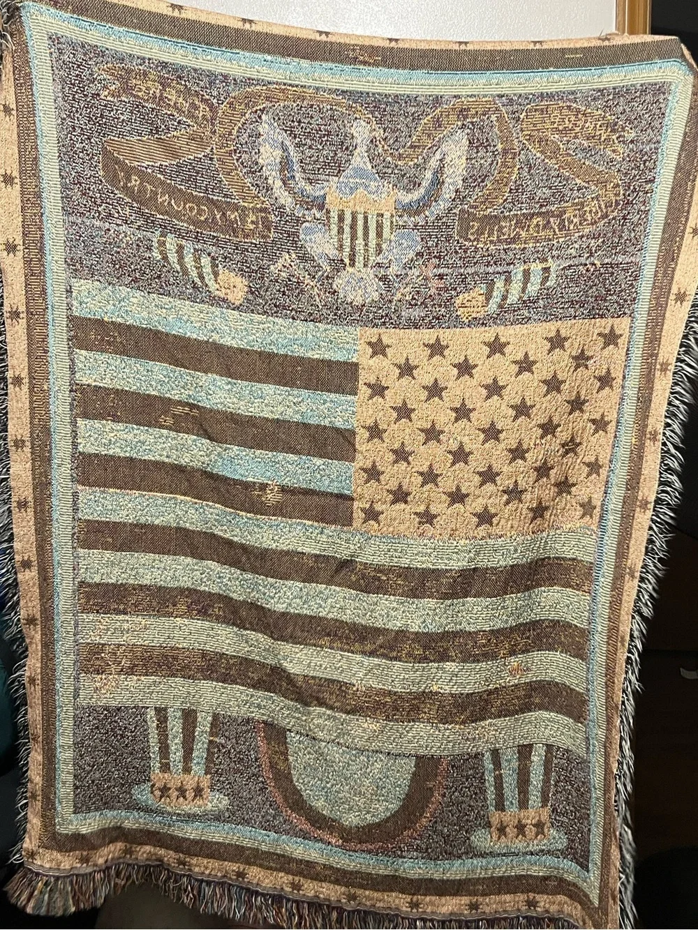 Vintage American Flag Tapestry Throw Blanket Made in USA Patriotic 4 July Deco